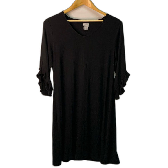 Chico’s Black V-Neck Ruffle 3/4 Sleeve Knee Length A-Line Dress Size 1 (US 8/10) - Picture 1 of 10
